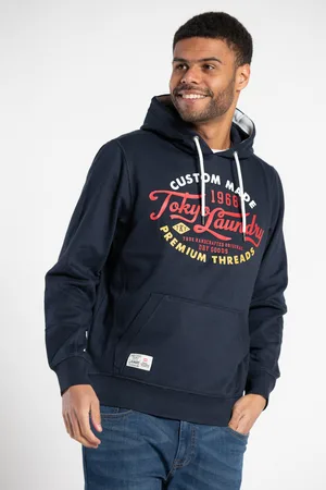 Tokyo Laundry Mens Dark Kangaroo Pocket Drawstring Printed Hoody - Size Small