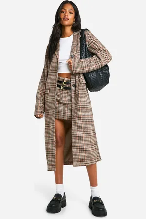 Boohoo Womens Tall Check Wool Look Longline Coat - - Size 14 UK