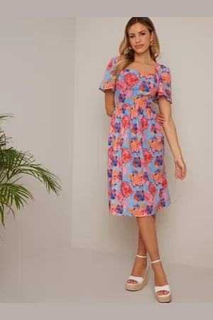 Chi Chi London Womens Petite Square Neck Floral Midi Dress in Multi - - Size 8 UK