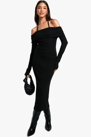Boohoo Womens Wide Rib Bardot Tie Midaxi Dress - Cotton - Size 6 UK