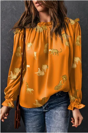 Azura Exchange Womens Cheetah Printed Ruffled Sleeve Blouse - Size Large