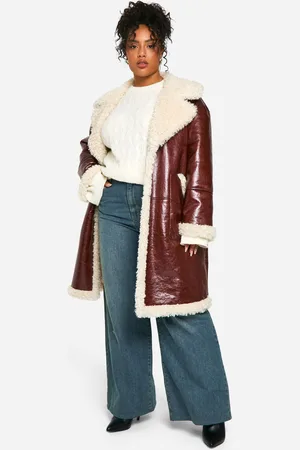 Boohoo Womens Plus Faux Leather Teddy Trim Longline Aviator Jacket - - Size 18 UK