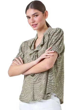 Roman Womens Animal Jacquard Frill V-Neck Stretch T-Shirt - Denim - Size 10 UK