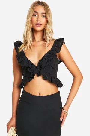 Boohoo Womens Broderie Ruffle Plunge Crop Top - Cotton - Size 14 UK