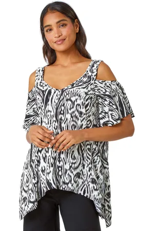 Roman Womens Aztec Cold Shoulder Hanky Hem Top - viscose - Size 10 UK