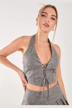 Pink Vanilla Womens Washed PU Tie Detail Corset Top - - Size Large