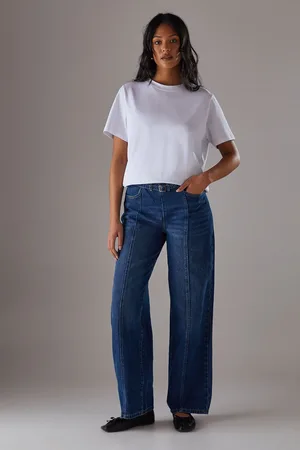 warehouse Womens Denim Low Rise Seam Detail Belted Wide Leg Jean - Cotton - Size 10 UK