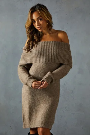 MissPap Womens Premium Knit Bardot Foldover Jumper Dress - Polyamide - Size Small