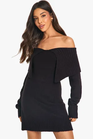 Boohoo Womens Soft Knit Oversized Collar Off The Shoulder Jumper Dress - - Size Medium