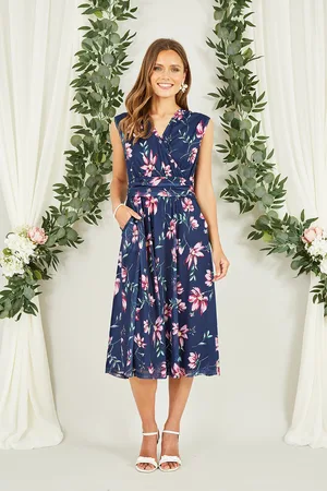 Yumi Womens Floral Print Mesh Stretch Midi Dress With Pockets - Size 16 UK