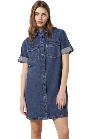 Noisy May WoMens Denim Shirt Dress Short Sleeve Casual Western Style with Chest Pockets - - Size X-Small