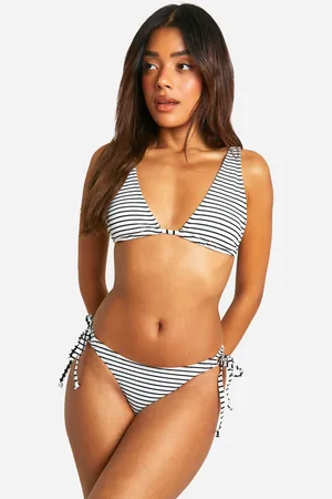 Boohoo Womens Mono Stripe Rib Tie Side Bikini Brief - - Size 10 UK