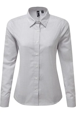 Premier Womens/Ladies Maxton Check Long Sleeve Shirt (Silver/White) - - Size Large