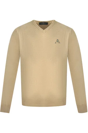 Aquascutum Mens A Logo Beige V-Neck Jumper - Cotton - Size Small