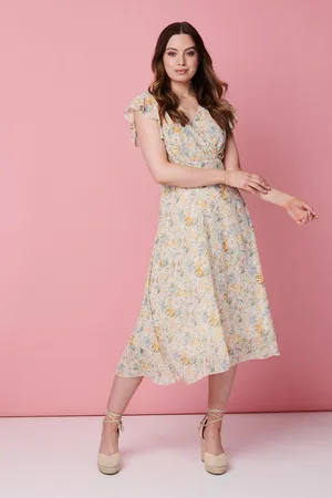 Izabel London Womens Multi White Floral Frill Sleeve Tea Dress - - Size 14 UK