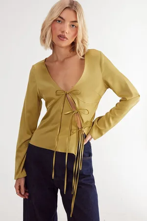 NASTY GAL Womens Satin Asymmetric Tie Long Sleeve Top - - Size 14 UK