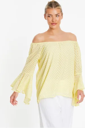 Quiz Womens Lemon Textured Chiffon Bardot Top - - Size 8 UK