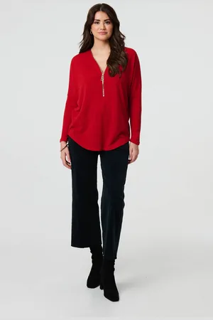 Izabel London Womens Zip Front V-Neck Relaxed 3/4 Sleeve Top - Size 8 UK
