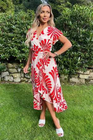 Ax Paris Womens Burnt Abstract Print Wrap Over High Low Frill Hem Midi Dress - Size 8 UK