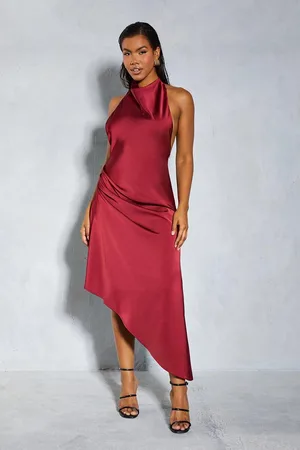 MissPap Womens Premium Satin Halterneck Low Back Asymmetric Midi Dress - - Size 6 UK