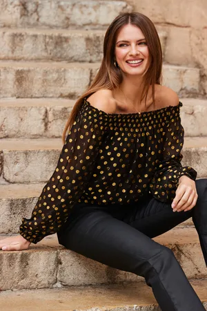 Sosandar Womens & Gold Metallic Spot Bardot Top - Size 12 UK