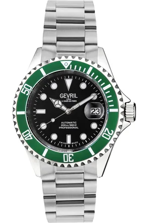 Gevril Mens Wall Street Swiss Automatic 3 Hands, SW200 Movement black Dial Green Bezel Stainless Steel Watch - - One Size