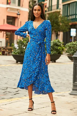 Sosandar Womens Blue Print Ruffle Hem Wrap Dress - Size 10 UK