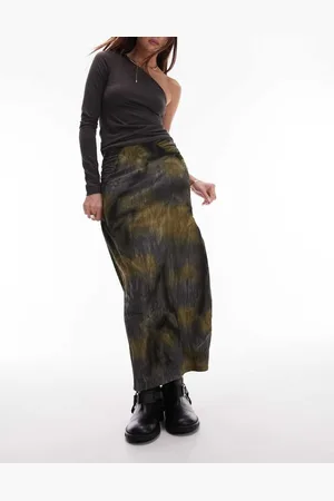 Topshop Womens midi skirt in jersery textured with split front in blurred print-Green - Size 4 UK