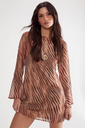 NASTY GAL Womens (Az) Chiffon Blurred Zebra Fluted Sleeve Tunic Dress - - Size 16 UK