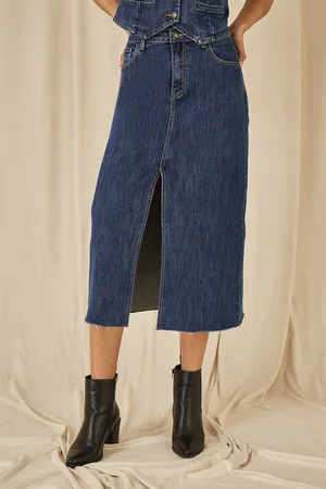 Yumi Womens Denim Stretch Fitted Midi Skirt With Front Split - Size 10 UK