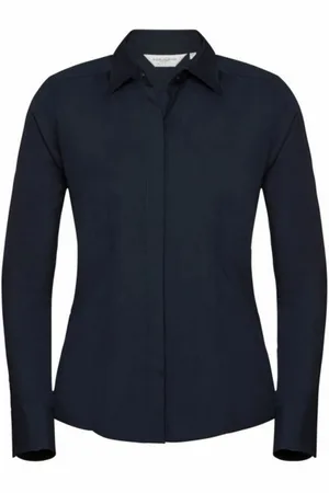 Russell Athletic Collection Ladies/Womens Long Sleeve Poly-Cotton Easy Care Fitted Poplin Shirt (French Navy) - - Size 4XL