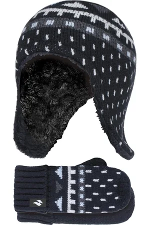 Heat Holders Boys Outdoor Faux Fur Pom Pom Hat with Ear Flaps & Mittens Gloves - - Size 4-6Y