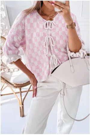 Azura Exchange Womens Checkered Knitted Lace-up Ruffled 3/4 Sleeve Cardigan Viscose - Size X-Large