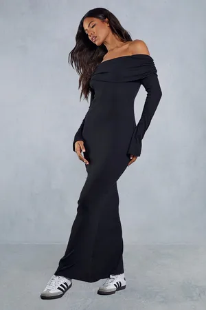 MissPap Womens Fold Over Bardot Rib Maxi Dress - Cotton - Size 16 UK