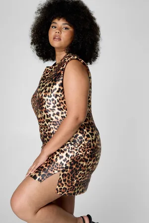 NASTY GAL Womens Plus Leopard Structured Satin Shoulder Pad Side Split Mini Dress - - Size 22 UK
