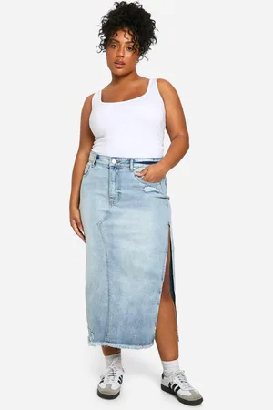 Boohoo Womens Plus Washed Denim Distressed Skirt - Cotton - Size 26 UK