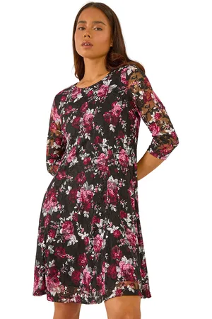 Roman Womens Petite Floral Print Lace Stretch Dress - - Size 14 UK