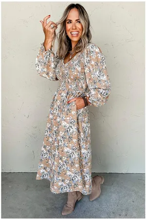 Azura Exchange Womens Maple Grove Floral Smocked Puff Sleeve Long Dress - Size Small