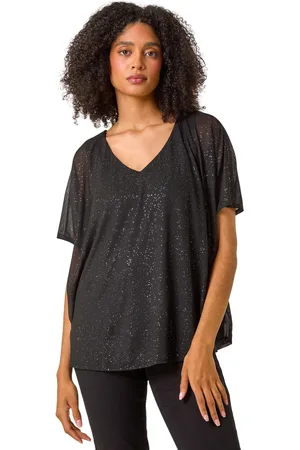 Roman Womens Glitter Mesh Overlay Tunic Stretch Top - - Size 10 UK