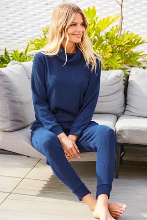 Sosandar Womens Navy Premium Textured Slim Leg Joggers - Size 12 UK
