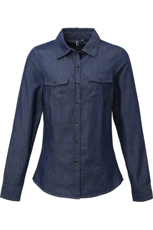 Premier Womens/Ladies Jeans Stitch Long Sleeve Denim Shirt (Indigo Denim) - - Size X-Small