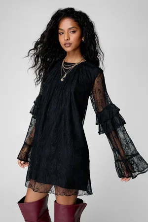 NASTY GAL Womens Lace Ruffle Fluted Sleeve Tunic Mini Dress - - Size 10 UK