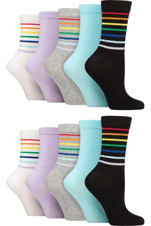Wild Feet Womens - 10 Pack Ladies Bamboo Crew Socks with Dots, Leopard & Floral Pattern - - Size UK 4-8