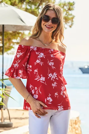 Sosandar Womens & White Floral Print Ruffle Sleeve Bardot Top Viscose - Size 8 UK