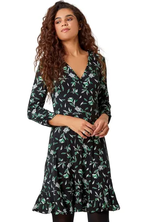Roman Womens Leaf Print Frill Hem Wrap Stretch Dress - - Size 14 UK