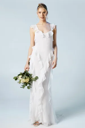 Oasis Womens Flutter Sleeve Ruffle Detail Chiffon Bridal Maxi Dress - - Size 16 UK
