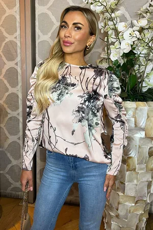 Ax Paris Womens Dusty Printed Ruched Sleeve Top - Size 8 UK