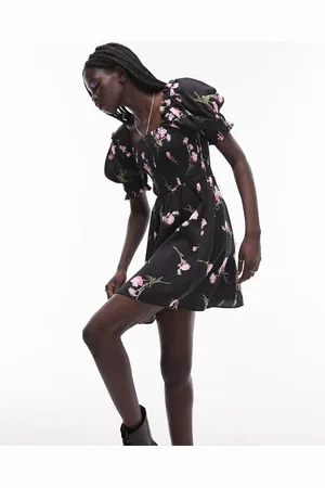 Topshop Womens shirred mini tea dress with puff sleeve in ditsy print-Multi - - Size 6 UK