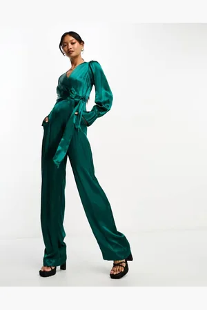 Closet Womens satin wrap wide leg jumpsuit in emerald- - Size 8 UK
