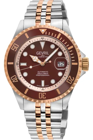 Gevril Mens Wall Street Swiss Automatic Sellita SW200 Bright Brown Enamel Dial, SS/IPRG Satin and Polished Bracelet Watch - - One Size